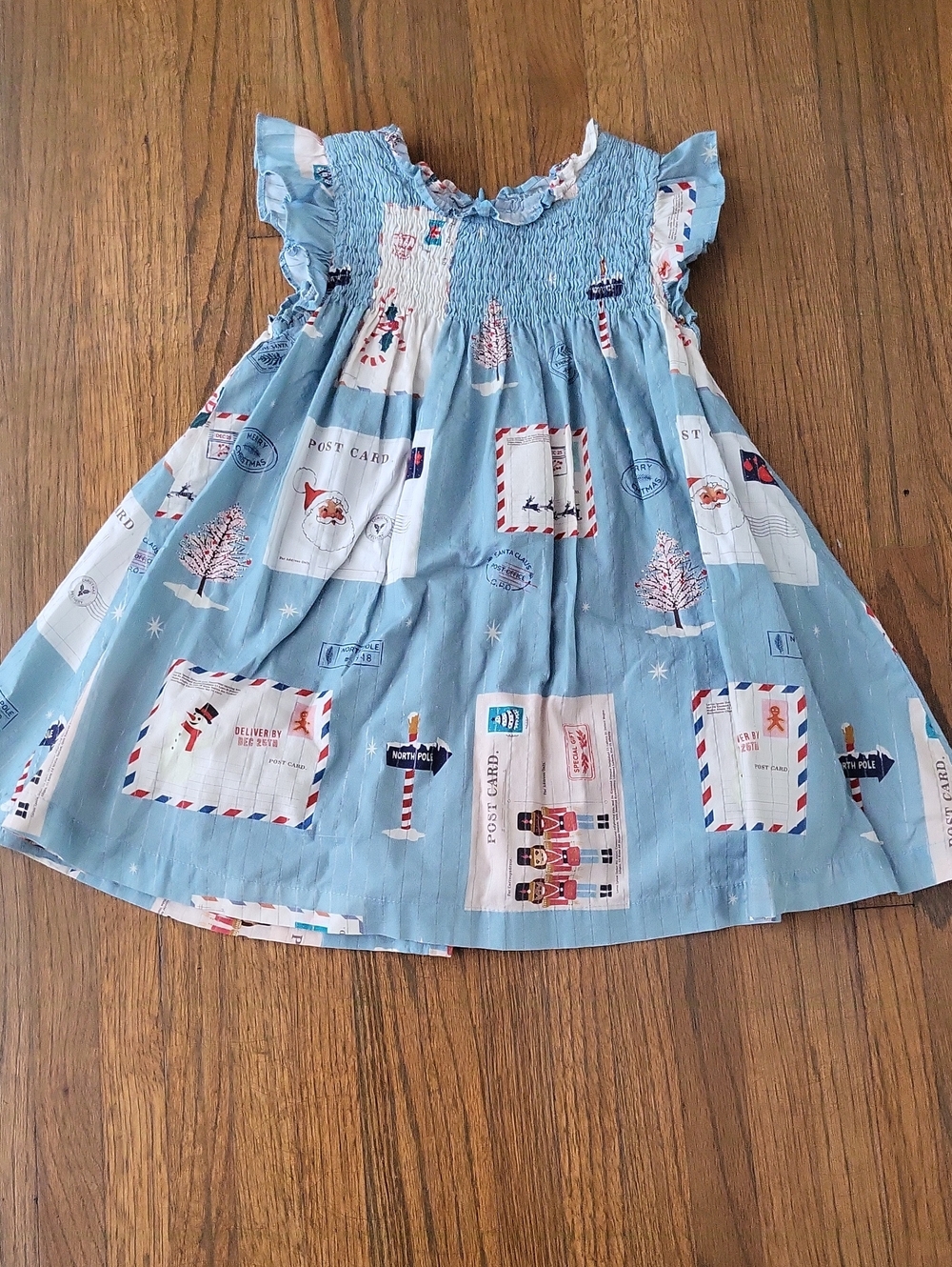 Pink Chicken Light Blue Postcard-Print Smocked Dress